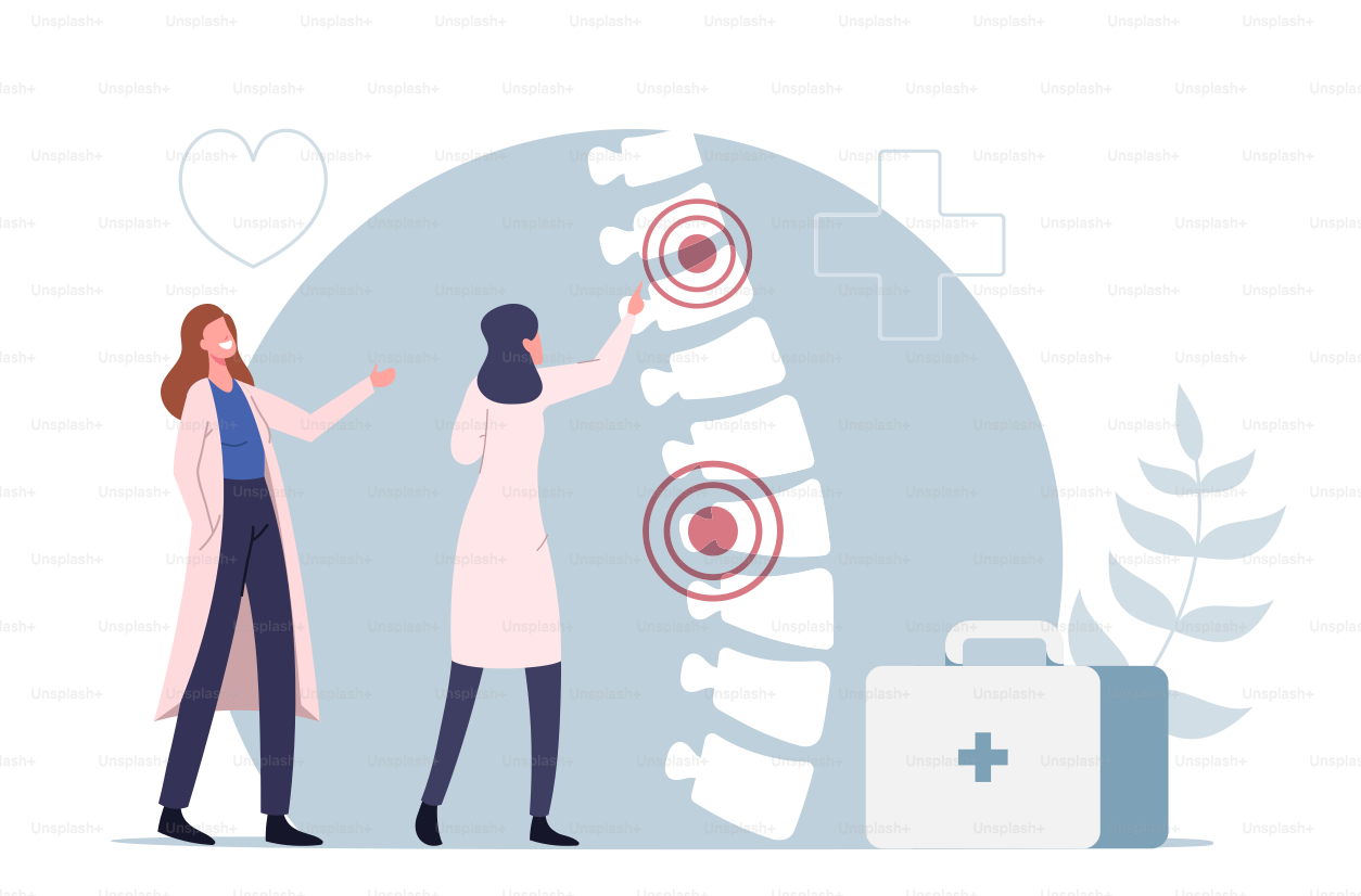 Behandlung von Rückenschmerzen und Rückenschmerzen, medizinische Diagnose und Gesundheitsversorgung. Winzige weibliche Ärztinnen in weißem Umhang zeigen eine riesige menschliche Wirbelsäule mit Entzündung. Cartoon People Vektorillustration