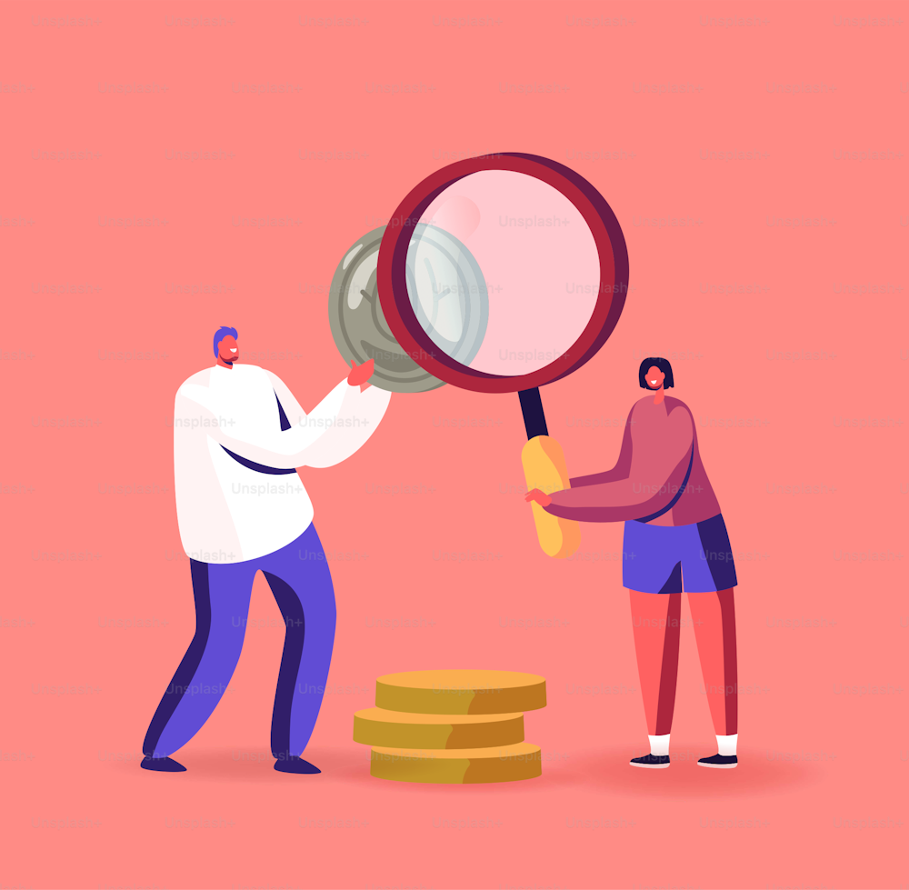 Tiny Numismatist Collector Characters Examine Silver and Golden Coins with Huge Magnifying Glass. People Collect Ancient Coins, Numismatist Hobby, Numismatics Concept. Cartoon Vector Illustration
