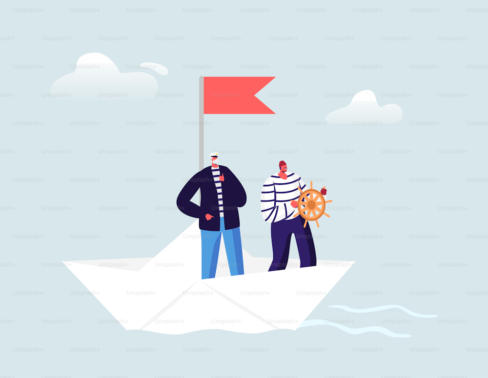 Captain and Sailor in Stripped Vest at Steering Wheel Floating on Paper Boat. Ship Crew Male Characters in Uniform. Maritime Profession, Job Occupation, Sea Sailing. Cartoon People Vector Illustration