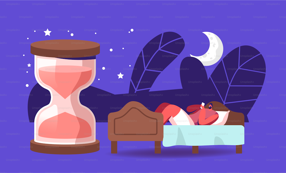 Biological Clock, Night Dream, Nap, Bedding Time. Young Man Suffer of Insomnia can not Sleeping. Male Character Relaxing Lying at Apartment with Huge Hourglass after Work. Cartoon Vector Illustration