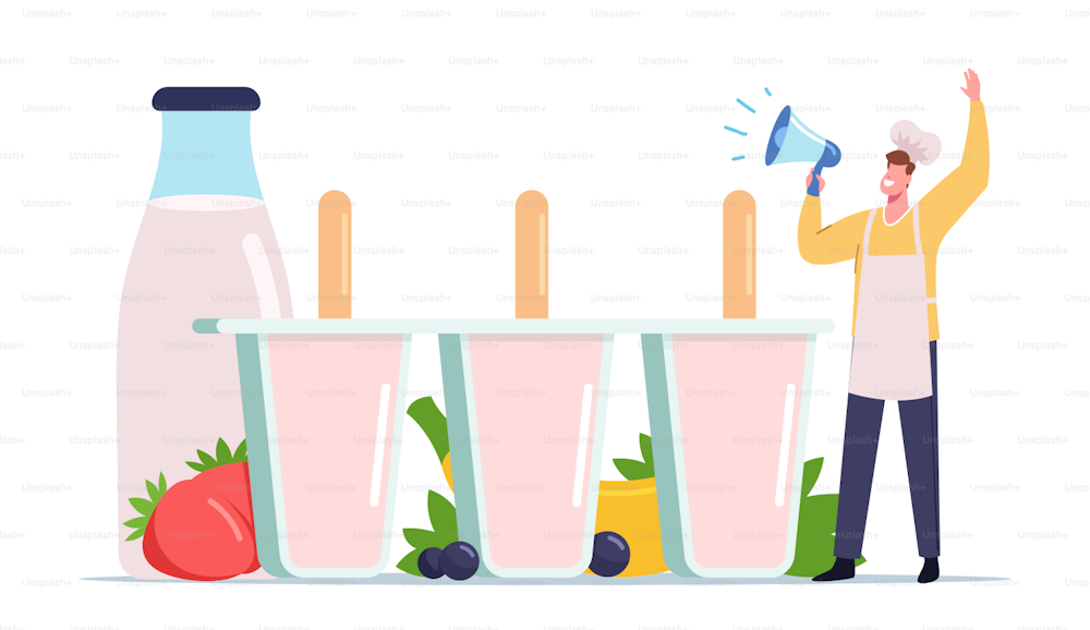 Tiny Male Character in Chef Toque Yell to Megaphone Call to Try Homemade Ice Cream made of Fresh Fruits, Berries and Yoghurt. Healthy Sweet Dessert in Molds, Popsicle. Cartoon Vector Illustration