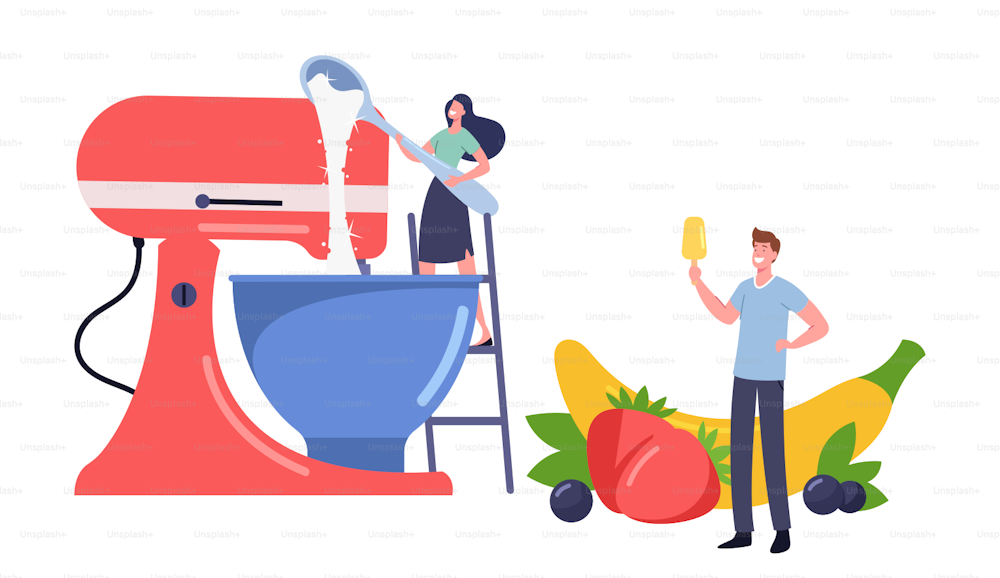 Tiny Male or Female Characters on Ladder Cooking Homemade Ice Cream with Fruits and Berries Using Huge Mixer. Girl Cook Sweet Dessert in Bowl. Summer Food, Icecream. Cartoon People Vector Illustration