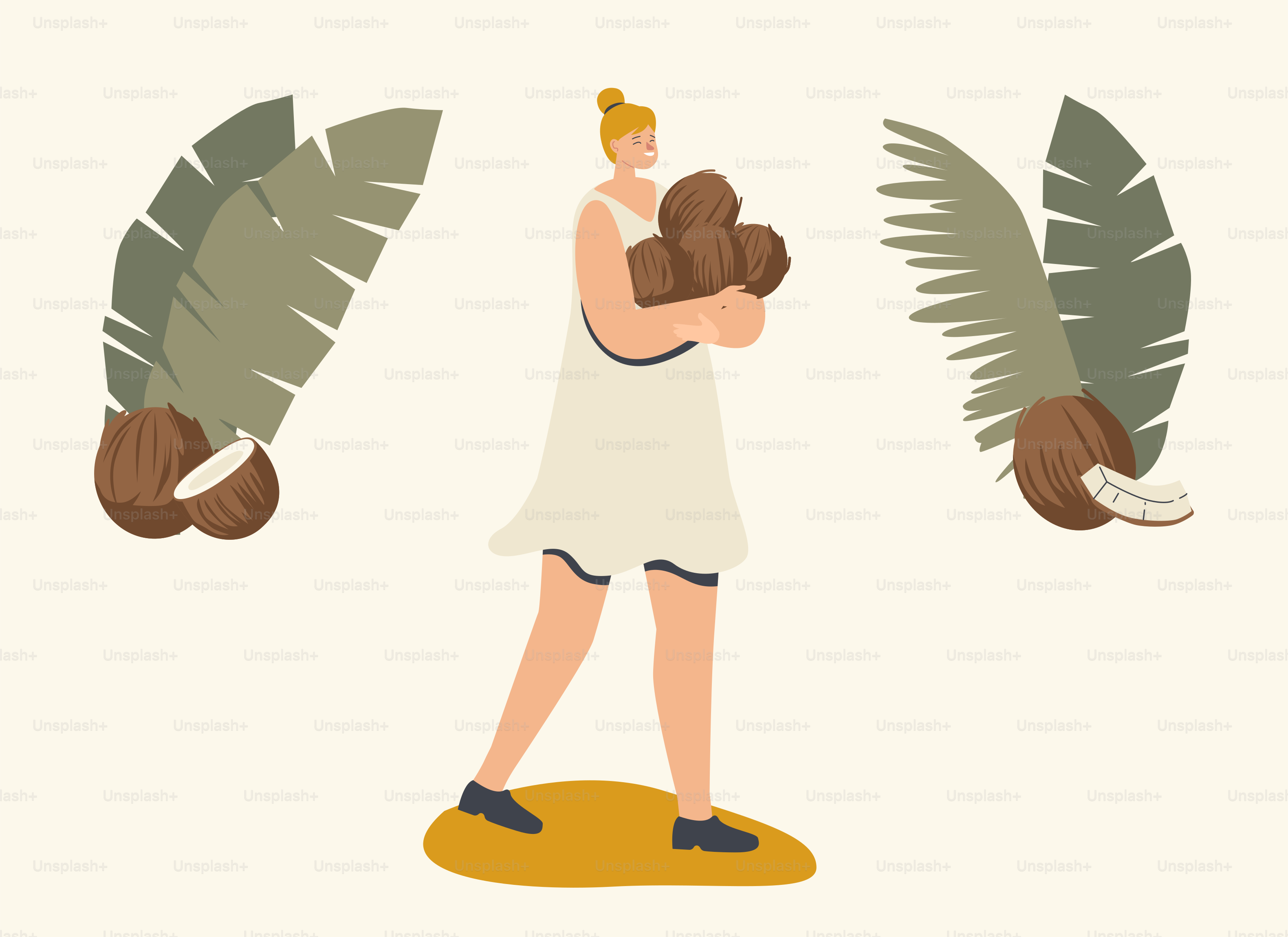 Il personaggio femminile porta mucchio di noci di cocco mature per mangiare, bere succo o fare olio. Nutrizione vegetariana, cibo sano, ingrediente naturale per cucinare , acqua di cocco. Illustrazione vettoriale lineare