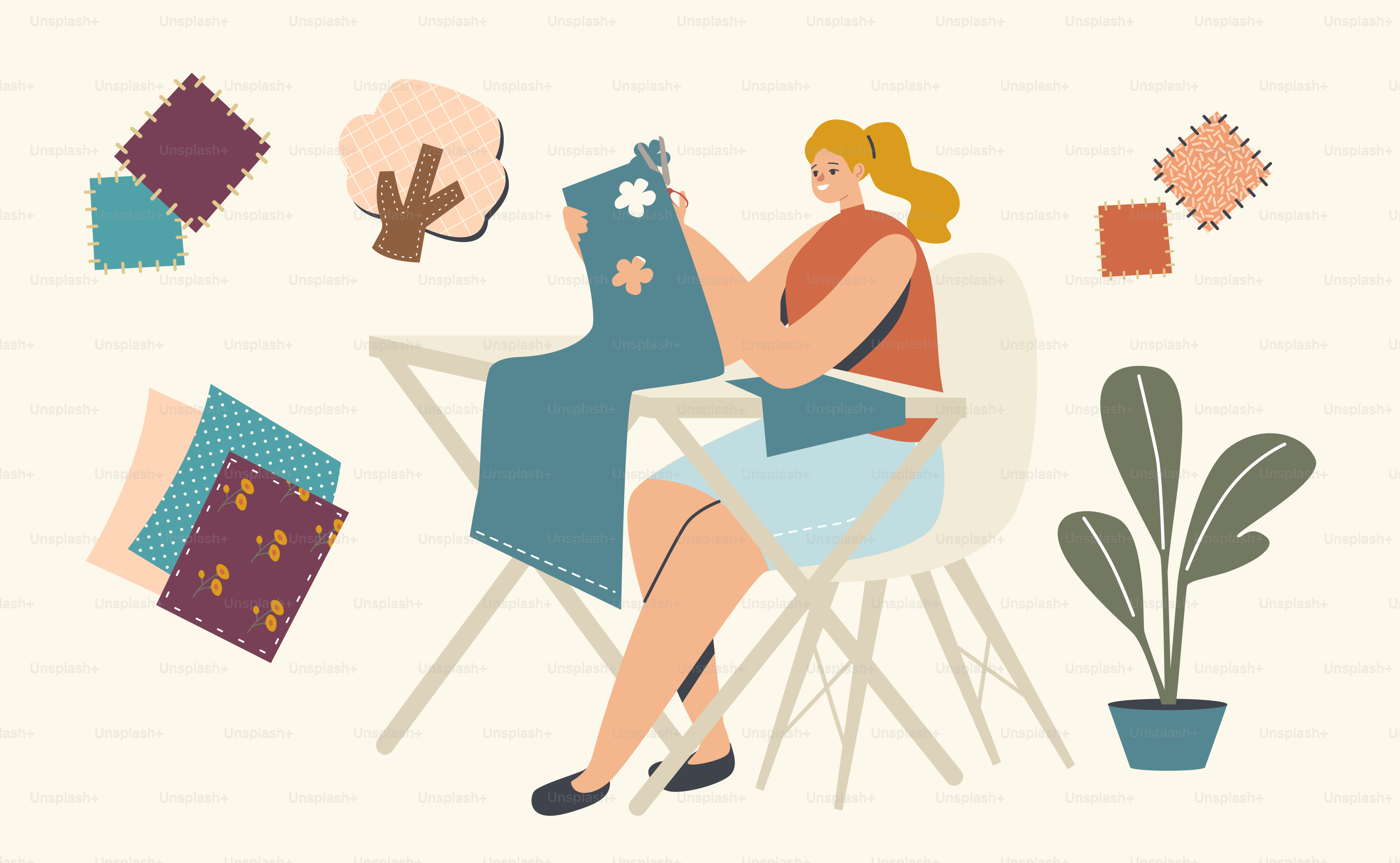 Hobby, concept d’activité créative. Personnage féminin assis au bureau découpe et colle des appliques. Femme découpe des compositions de fabrication de papier coloré ou de tissu pour la décoration intérieure ou les cadeaux. Illustration vectorielle linéaire