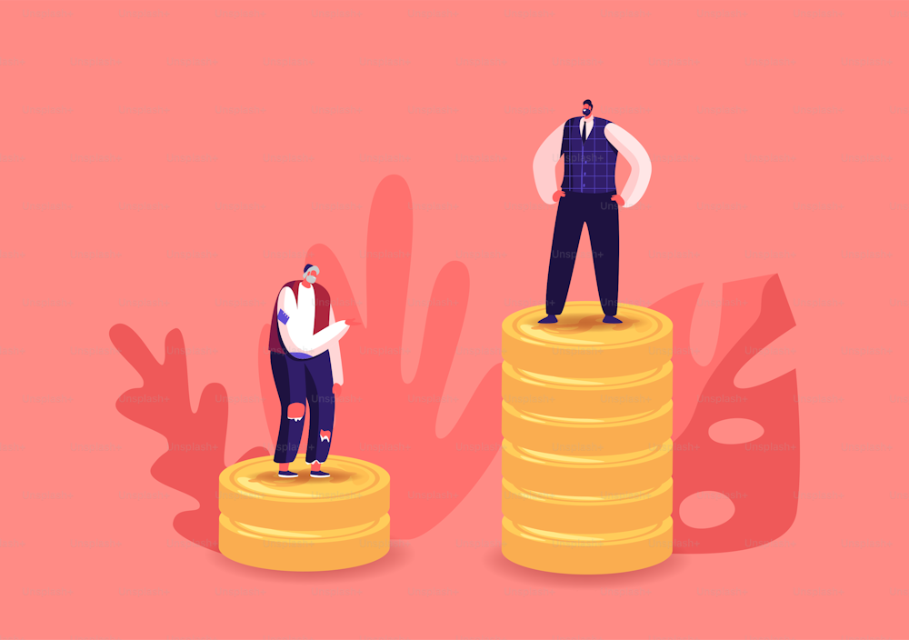Unemployed Beggar and Rich Businessman Characters Stand on Low and High Piles of Golden Coins. People with Different Income Class, Salary and Finance Hierarchy Concept. Cartoon Vector Illustration