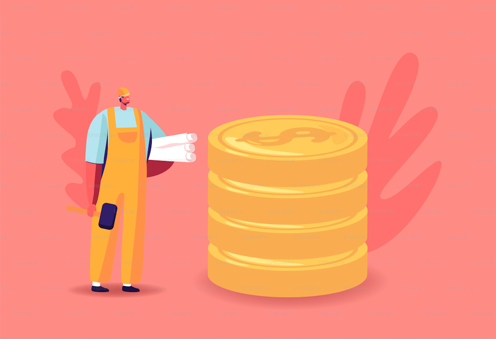 Tiny Engineer Dreaming of Good Salary. Male Character in Working Overalls and Hardhat Holding Blueprint Rolls Stand at Huge Pile of Golden Coins. Income Class Concept. Cartoon Vector Illustration