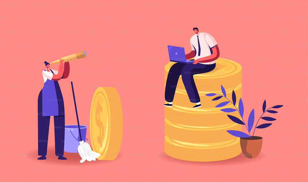 Income Class. Tiny Housewife Character in Uniform with Mop and Bucket Dreaming of Good Salary Look in Spyglass on Rich Businessman Sitting on Huge Pile of Golden Coins. Cartoon Vector Illustration