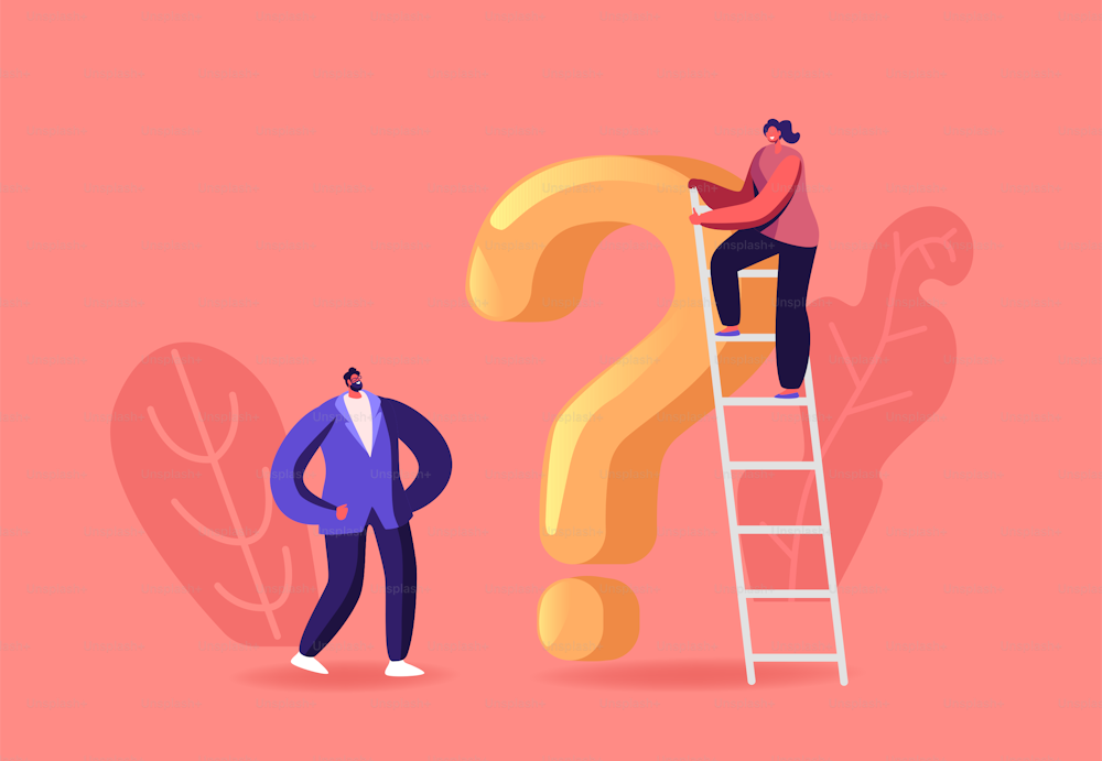 Thoughtful Doubtful Tiny Male and Female Characters Thinking at Huge Question Mark. Doubts and Confusion Concept. People Solving Paradox, Problem Searching Solution. Cartoon People Vector Illustration