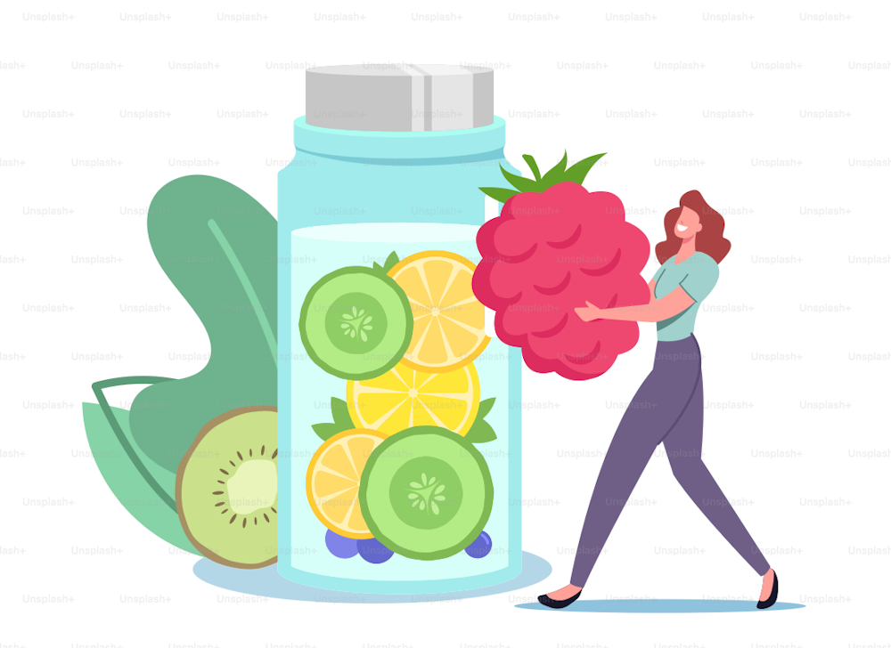 Tiny Female Character Put Huge Raspberry in Glass Bottle with Infused Water, Lemonade or Juice with Fruit Slices. Woman Drinking Cold Drinks and Healthy Beverage for Detox. Cartoon Vector Illustration