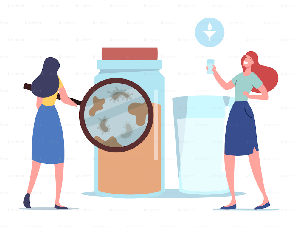 Waste, Water Filtering. Tiny Female Character Looking on Micro Organisms Living in Dirty Water through Huge Magnifying Glass. Woman Demonstrate Microbes in Unfiltered Aqua. Cartoon Vector Illustration
