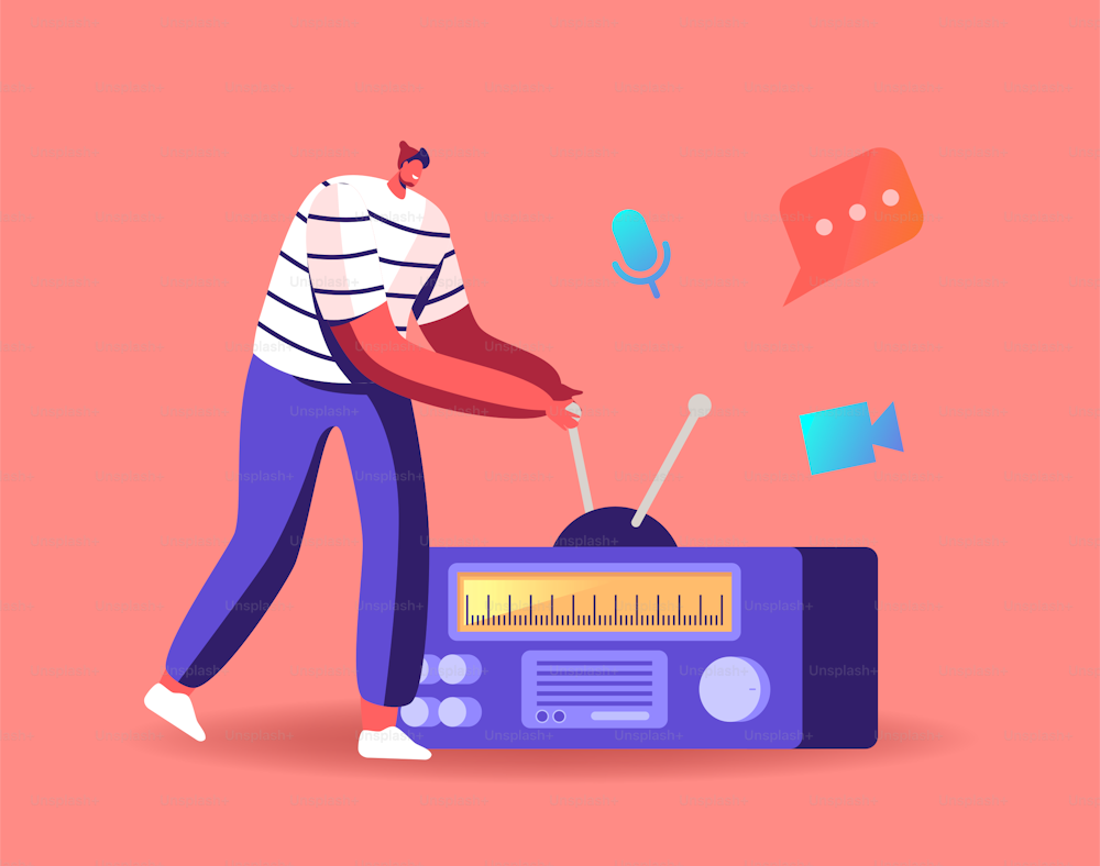 Podcast Social Media Communication Concept. Character Work on Radio, Male Radio Dj or Amateur Character Speak, Broadcasting Program on Air and Communicate with Listeners. Cartoon Vector Illustration