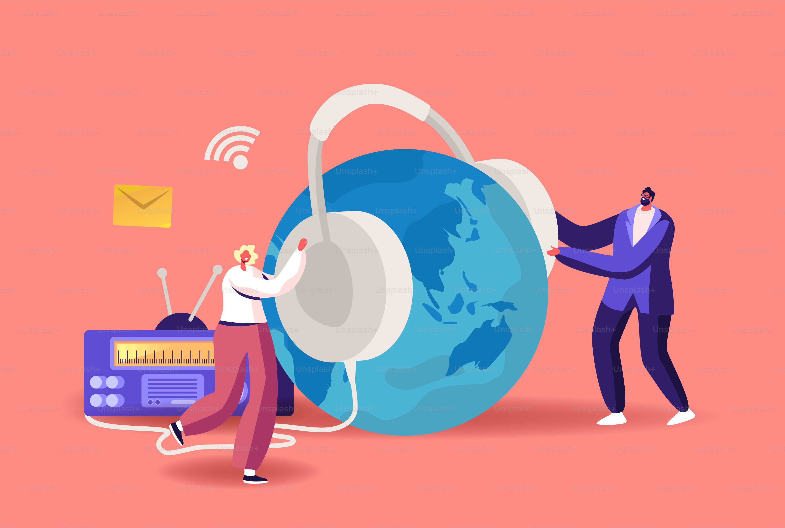 Tiny Male and Female Characters with Huge Headset near Radio Transmitter and Earth Globe Broadcast Podcast or Audioprogram Livestream, Entertainment Online Broadcasting. Cartoon Vector Illustration