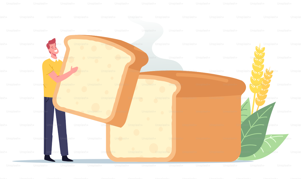 Home Made Bakery, Tiny Man with Huge Baked Tommy, Happy Male Character Holding Piece of Homemade Bread Loaf in Hands.Tasty Bakery Production and Fresh Bread Concept. Cartoon Vector Illustration