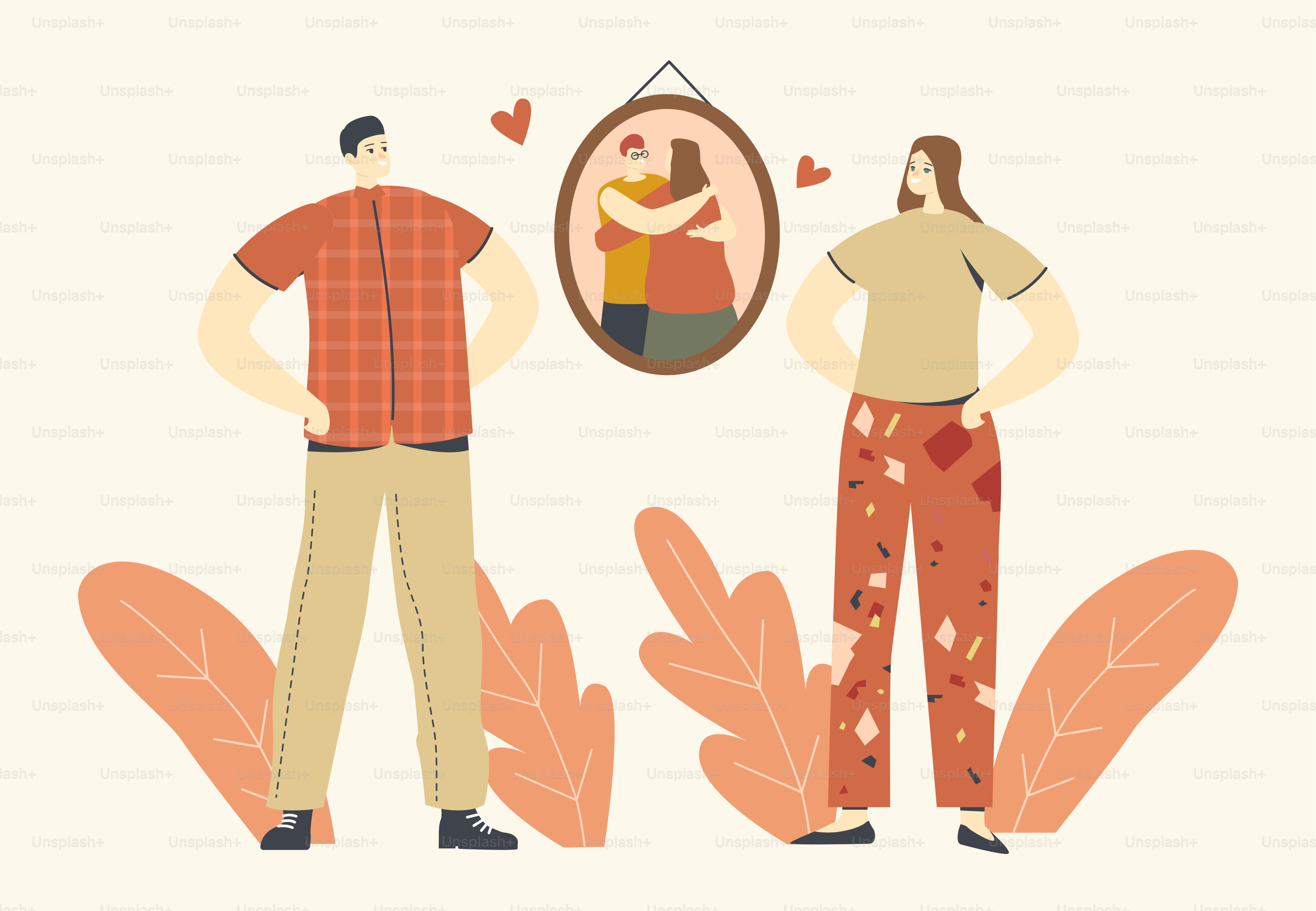 Hugs, Warm Embrace, Love Concept. Male and Female Characters Stand front of Picture on Wall with Hugging People or Parents. Friendship, Peace, Love and Sweet Memory. Cartoon Vector Illustration