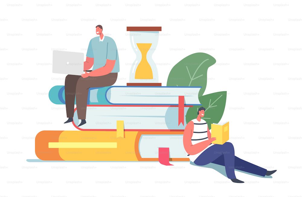 Young Men Students Spend Time in Athenaeum Prepare for Examination. Tiny Male Characters Reading Sitting on Huge Pile of Books in Library Literature Storage. Cartoon People Vector Illustration