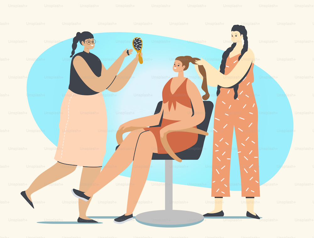 Woman Character Visiting Beauty Salon Concept. Young Masters doing Braiding Hairstyle for Girl Client Sit in Chair in Barbershop or Grooming Female Fashion Club. Cartoon People Vector Illustration
