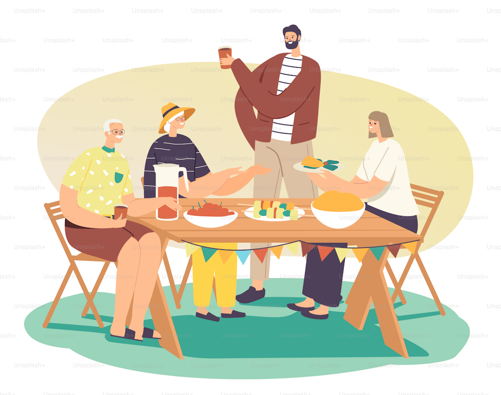 Fröhliche Menschen entspannen sich, verbringen Zeit im Haushof in den Sommerferien. Glückliche Familie feiert Gartenparty. Männliche oder weibliche Charaktere, die am Tisch sitzen, essen und kommunizieren. Cartoon-Vektor-Illustration