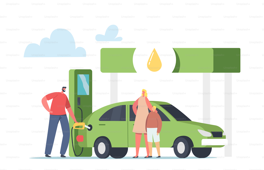 エコガソリン、子供を持つ女性に自動車を充電するためのガソリンを汲み上げる労働者。 駅にバイオ燃料を補給するキャラクター。車両充填サービスガスまたはバイオディーゼル。漫画の人々のベクターイラスト