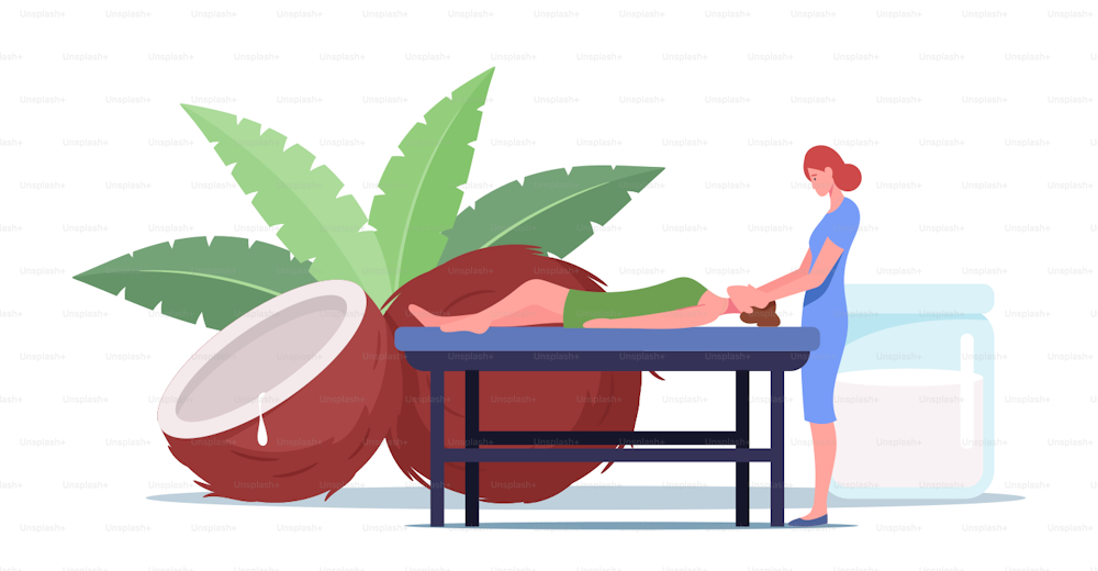 Young Female Character Lying on Table Receiving Relaxation Back Massage with Coconut Oil in Spa Center. Body Care Treatment in Salon by Professional Woman Therapist. Cartoon People Vector Illustration