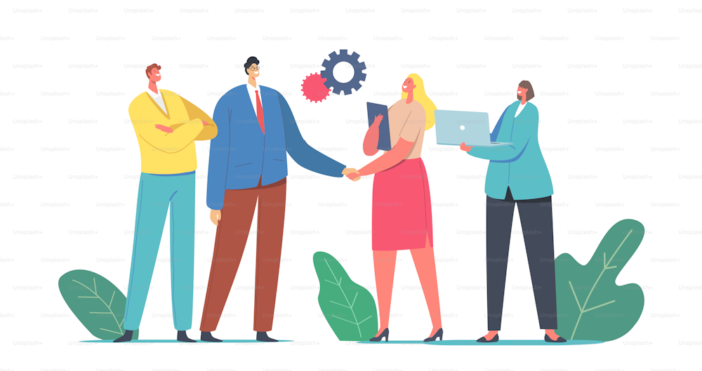 Businessman and Businesswoman Characters Shaking Hands Selling Products and Services due Business-to-Business Sales, B2b Method, Wholesale or Transaction Concept. Cartoon People Vector Illustration