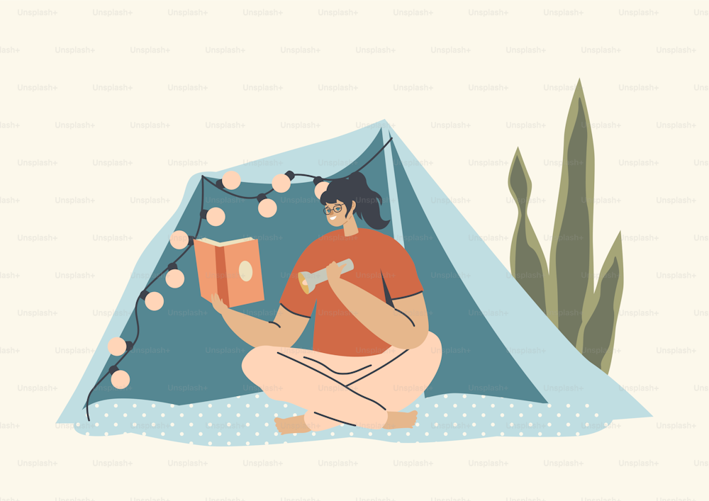 Woman Use Source of Light. Home Recreation, Leisure. Female Character Sitting under Blanket Tent Decorated with Lighting Garland Reading Book in Darkness Using Flashlight. Cartoon Vector Illustration