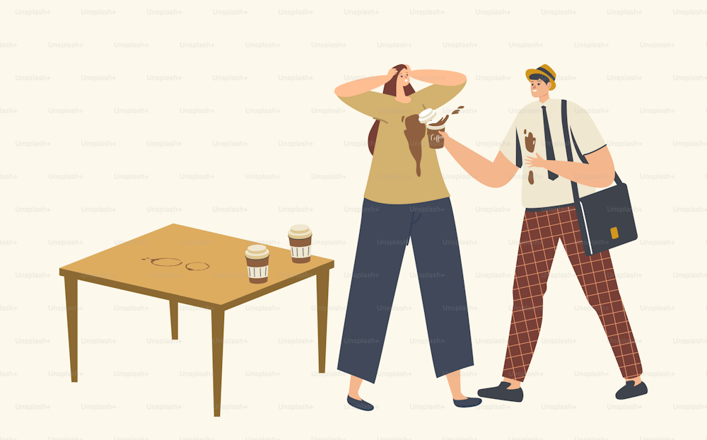 Clumsy Male Character Spill Coffee on Woman T-shirt Put Stains on Clothes. Stressful Situation, Clumsiness, Accident in Office. Man in Trouble with Drink Splash. Cartoon People Vector Illustration