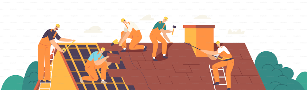 Roof Construction Workers Characters Conduct Roofing Works, Repair Home, Build Structure, Fixing Rooftop Tile House with Labor Equipment, Roofer Men with Work Tools. Cartoon People Vector Illustration