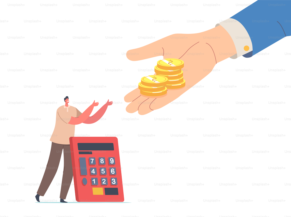 Tiny Man with Calculator Stretching Hands to Huge Palm Giving Gold Coins. Male Character Get Tax, Finance Help. Money Cash Saving, Financial Profit or Salary Wealth. Cartoon Vector People Illustration