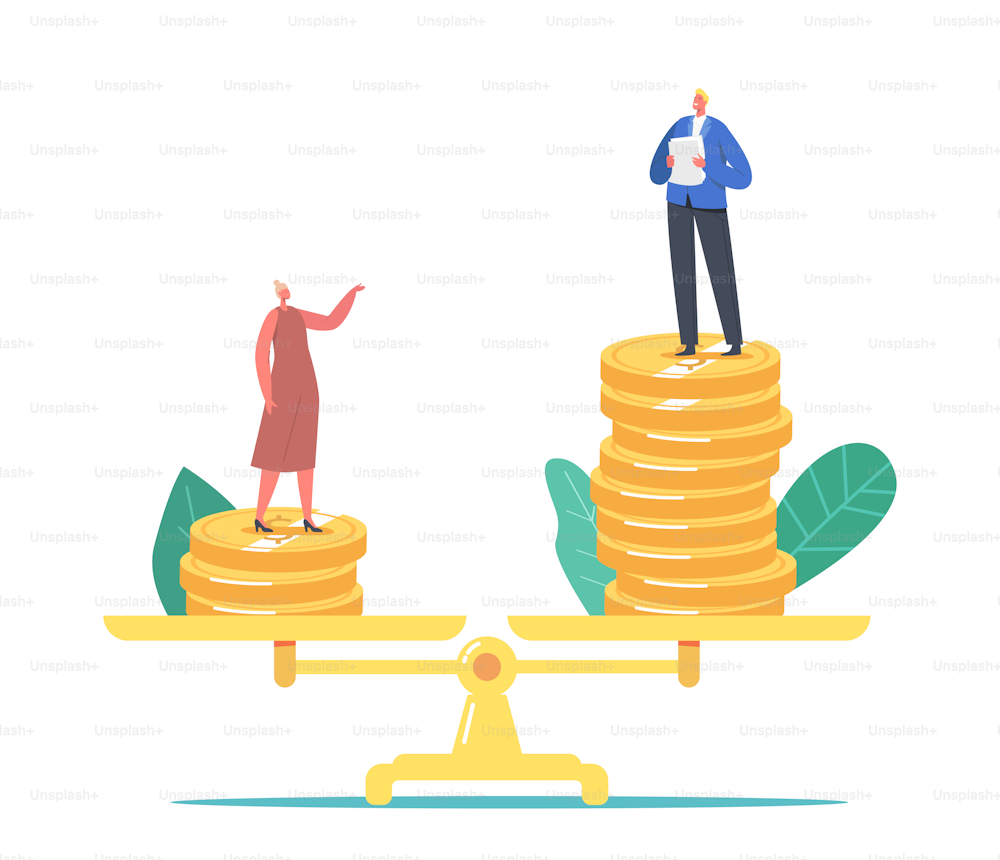 Gender Inequality, Sex Discrimination Concept. Businessman and Businesswoman Characters Stand on Scales with Different Slary Money Piles. Woman Rights, Feminism. Cartoon People Vector Illustration