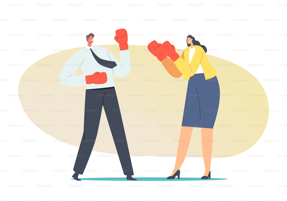 Man and Woman Struggle Concept. Male and Female Characters Battle in Boxing Gloves, Fight for Leadership and Gender Equality in Career Competition, Strength Effort. Cartoon People Vector Illustration