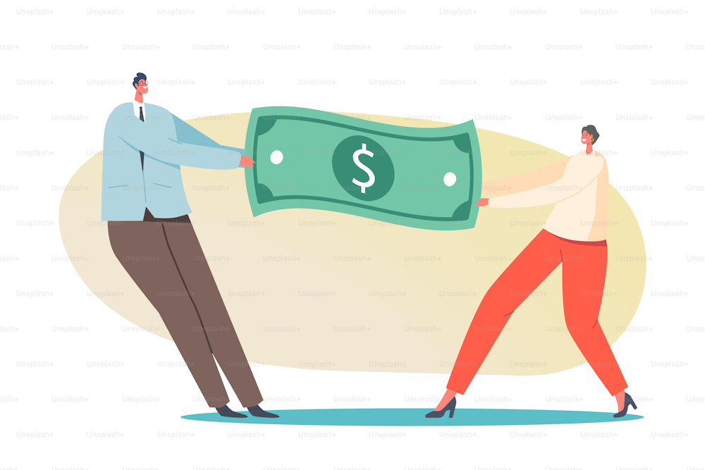 Man and Woman Struggle for Money Concept. Male and Female Characters Pulling Dollar Bill Fight for Leadership and Gender Equality, Career Competition, Salary. Cartoon People Vector Illustration