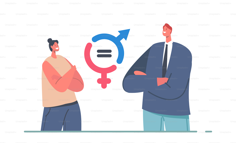 Gender Balance and Equality Concept. Businessman and Businesswoman Characters Stand at Equal Rights Symbol. Tolerance between Man and Woman, Feminism, Same Rights. Cartoon People Vector Illustration