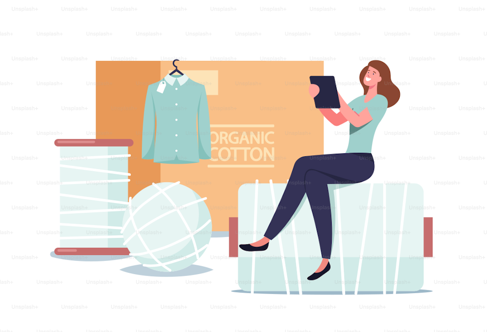 Tiny Female Character Sitting on Huge Thread Spool and Shirt Made of 100 Percent Cotton Hanging on Hanger. Organic Material Clothes Producing and Retail in Stores. Cartoon Vector Illustration