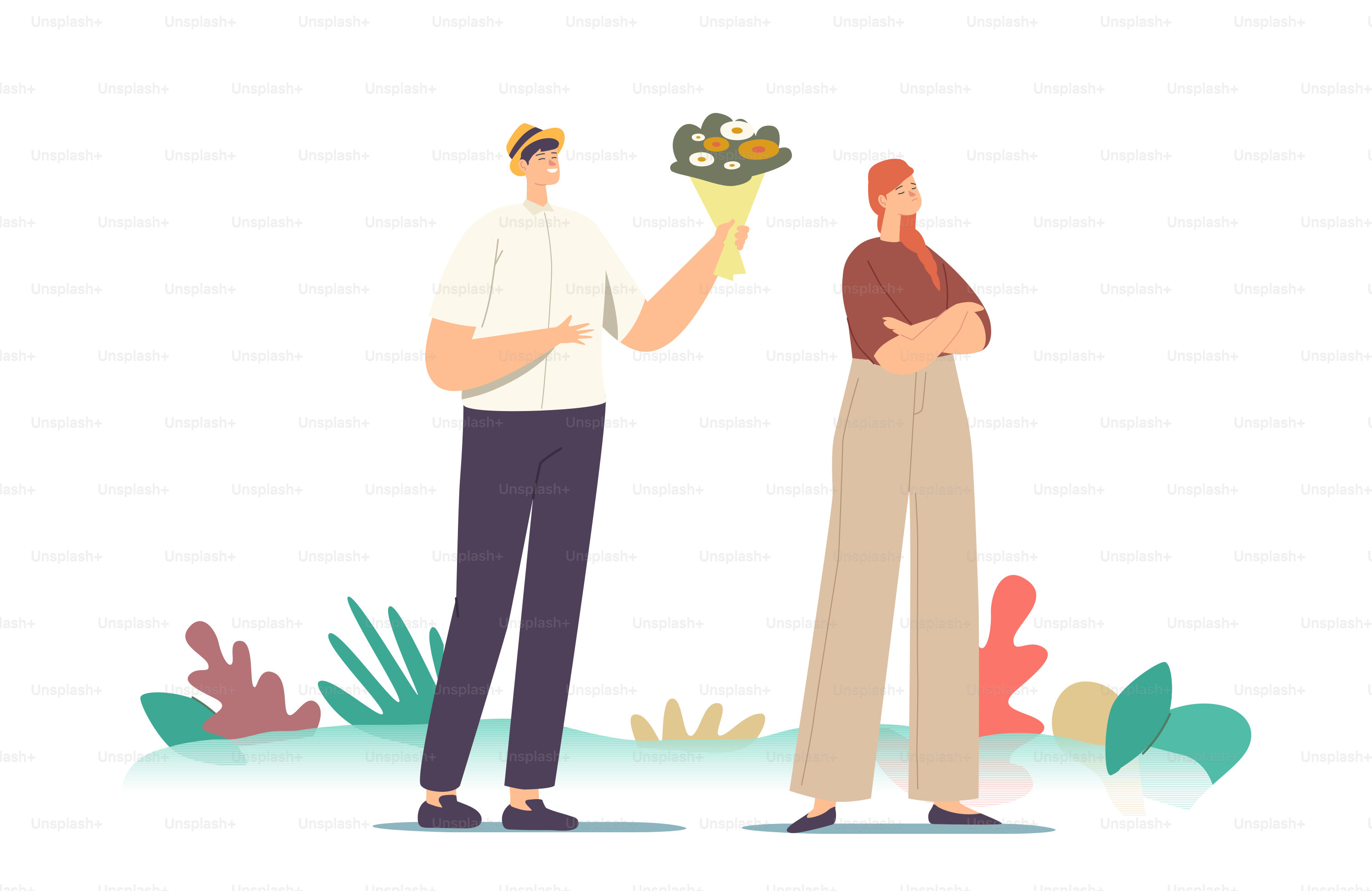 Unrequited Love Concept. Loving Man Giving Bouquet to Woman Rejecting his Feelings Saying No. Male and Female Characters Relationship, People Dating and Parting. Cartoon People Vector Illustration