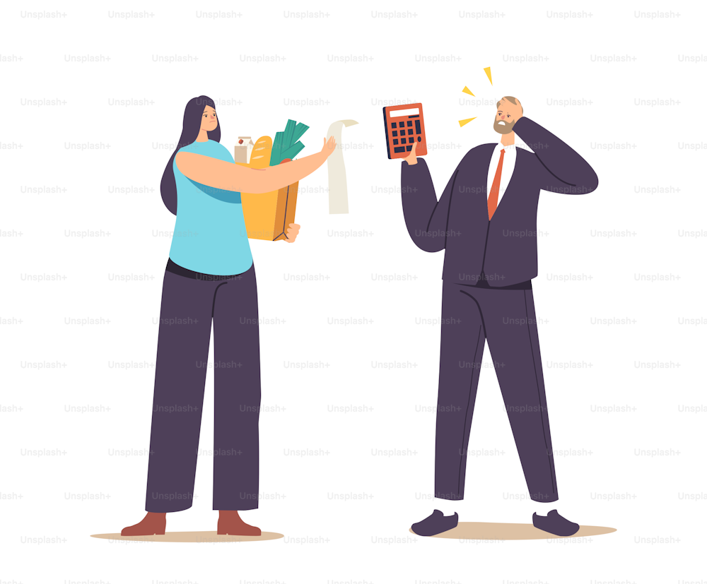 Upset Characters Shocked with Price of Products in Store Concept. Unhappy Dissatisfied Customers with Food in Bag Look on Grocery Bill Surprised with High Cost. Cartoon People Vector Illustration