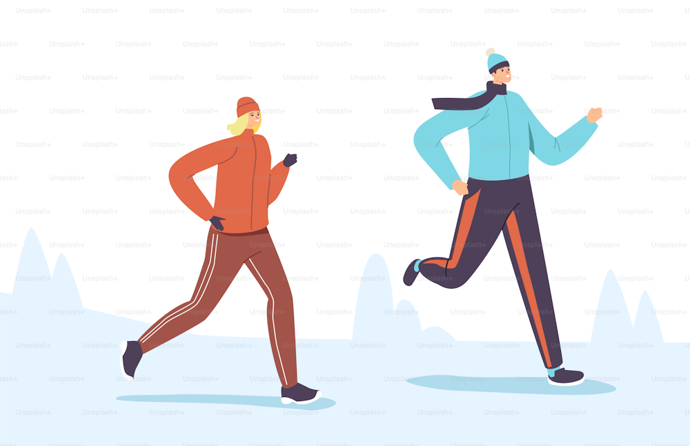 Characters in Warm Sports Wear Running Winter Marathon. Happy Couple Man and Woman Wintertime Outdoor Sport Activity, Jogging and Sport Healthy Lifestyle Recreation. Cartoon People Vector Illustration