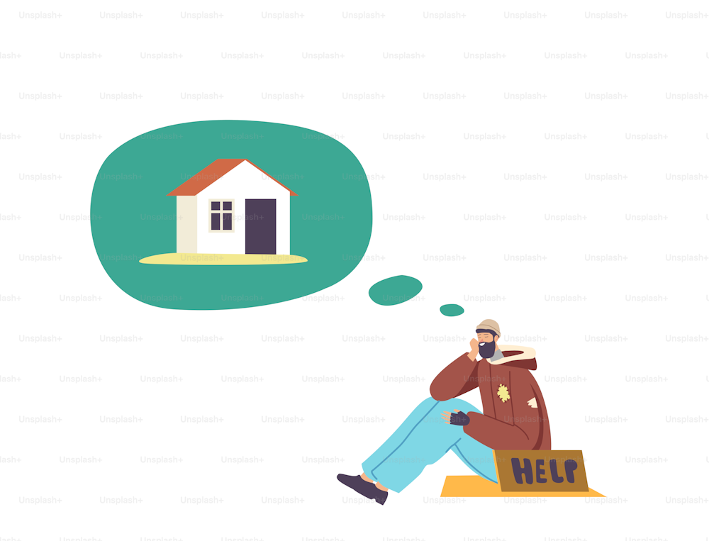 Bum Male Character Dream of House Concept. Poor Man in Tatters Dress with Help Banner Sitting on Ground Imagine House, Desire and Dreaming of Own Place for Living. Cartoon People Vector Illustration