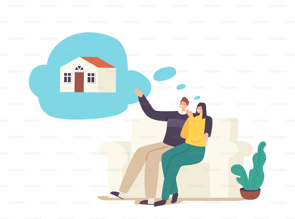 People Dream of Real Estate. Young Married Couple Characters on Sofa Dreaming of Family House. Cherished Desire of Cottage, Imagination, Future Visualization Concept. Cartoon Vector Illustration