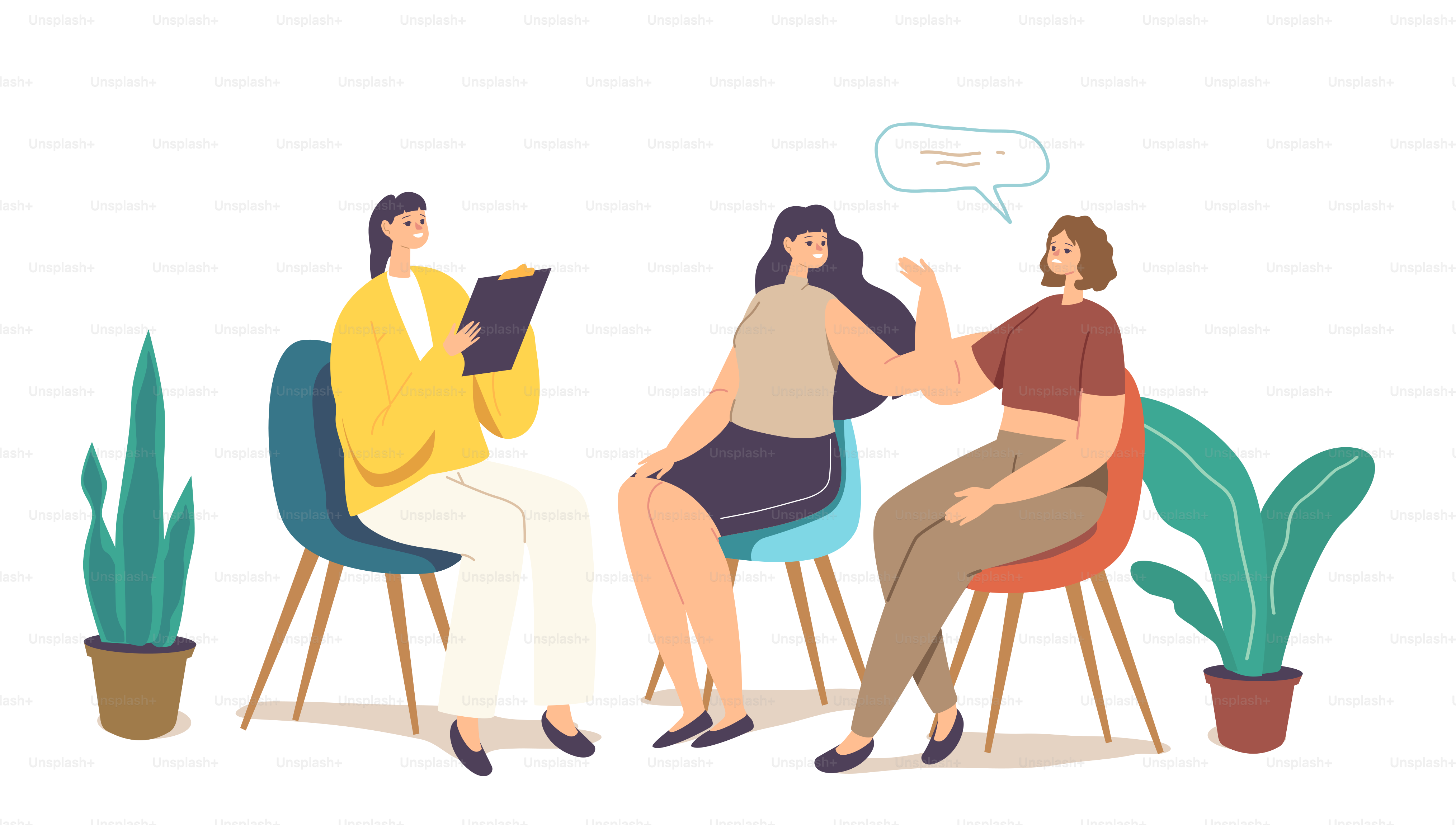 Group Therapy, Psychotherapeutic Meeting, Psychological Aid for Women. Female Characters Sit on Chairs in Circle and Talking to Each Other with Doctor Assistance. Cartoon People Vector Illustration