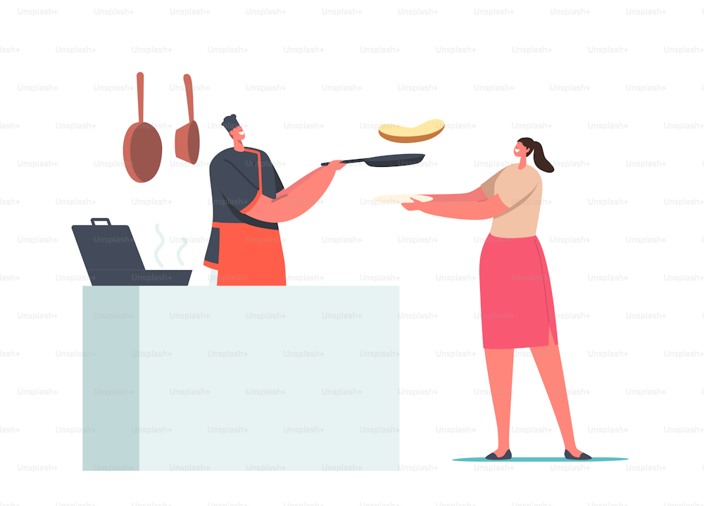 Female Character Order Meal in Cafe. Woman Holding Plate front of Desk with Chef Frying Sausage and Making Toasts. Traditional English Full Fry Up Breakfast. Cartoon People Vector Illustration