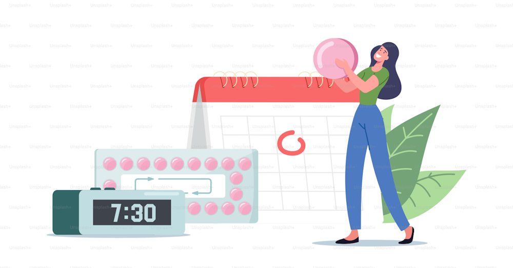 Fertility and Pregnancy Control, Contraception. Tiny Female Character Hold Huge Pink Pill Apply Oral Contraceptive in Time stand at Calendar, Pills Blister and Alarm Clock. Cartoon Vector Illustration