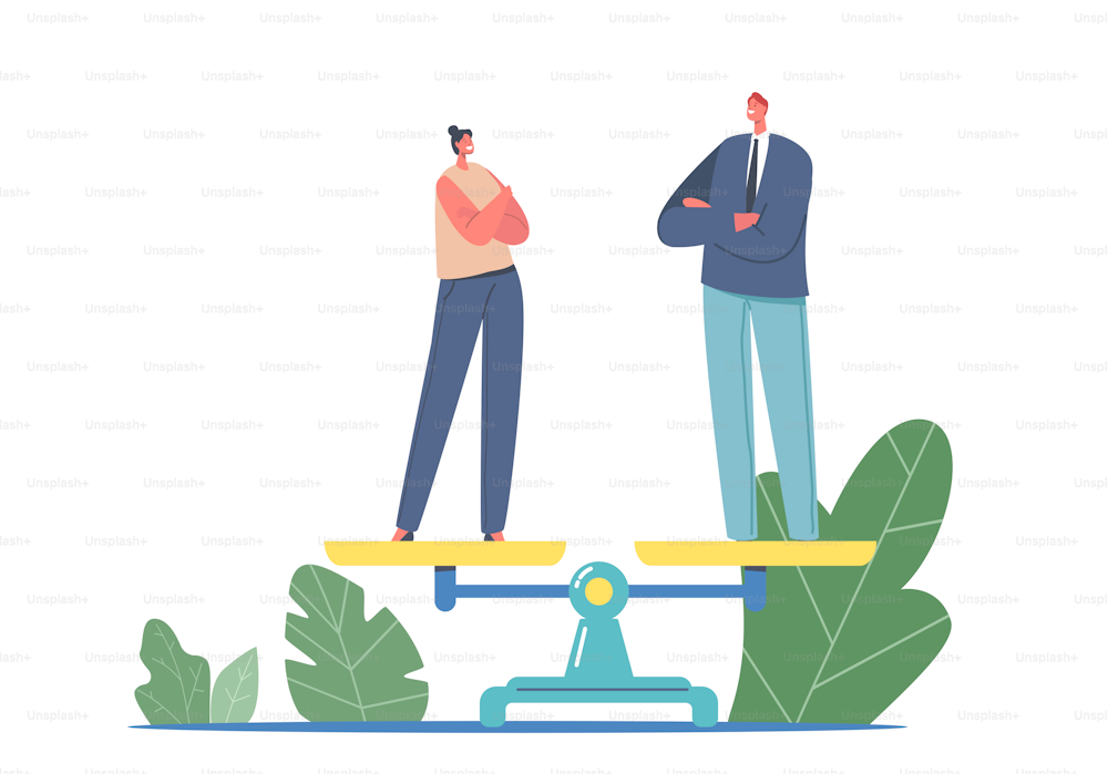 Gender Sex Equality and Balance Concept. Businessman and Businesswoman Characters on Scales. Tolerance between Man and Woman Same Rights, Feminism, Discrimination. Cartoon People Vector Illustration