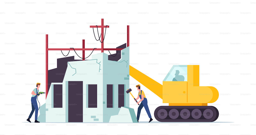 Building Demolition Concept. Builders Male Characters in Uniform and Heavy Machinery Demolishing Home Hitting Walls with Hammer and Drill, Excavator Crash Old House. Cartoon People Vector Illustration