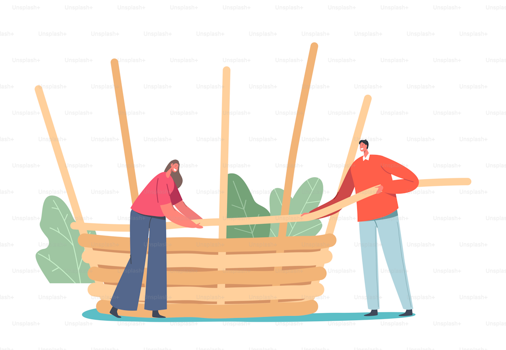 Basket Weaving Concept. Tiny Male and Female Character Make Huge Wicker Pannier of Natural Material Willow, Bamboo, Straw or Tree Branches. Handmade Hobby, Business. Cartoon People Vector Illustration