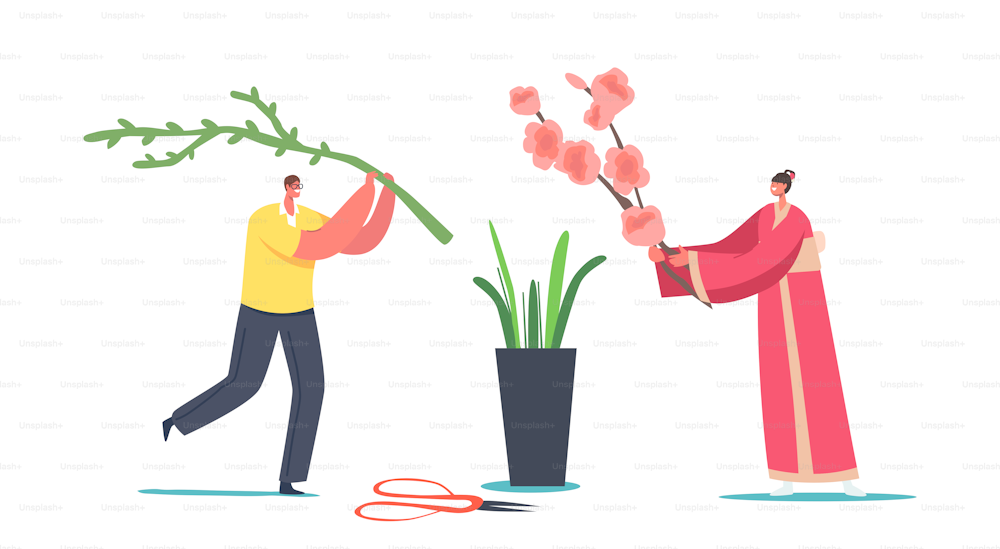 Japanese Ikebana Concept. Tiny Male Female Character in Traditional Japan Kimono Create Floristic Composition Put Flowers and Plants in Huge Vase. Asian Culture Art. Cartoon People Vector Illustration