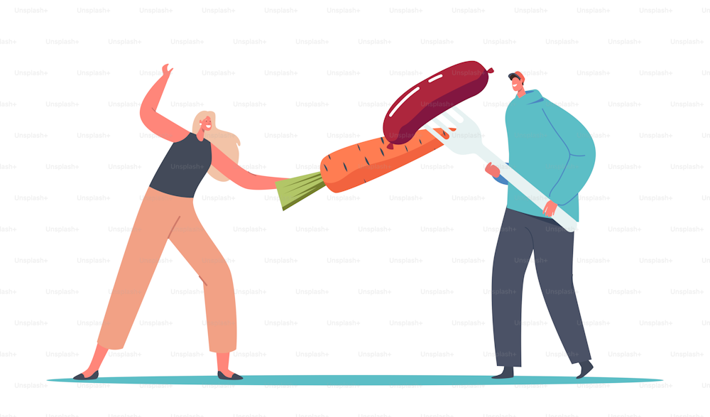 Tiny Male and Female Characters Fencing with Huge Carrot and Sausage on Fork. Adherents of Healthy and Unhealthy Nutrition, Meat Eater vs Vegetarian Fight. Cartoon People Vector Illustration