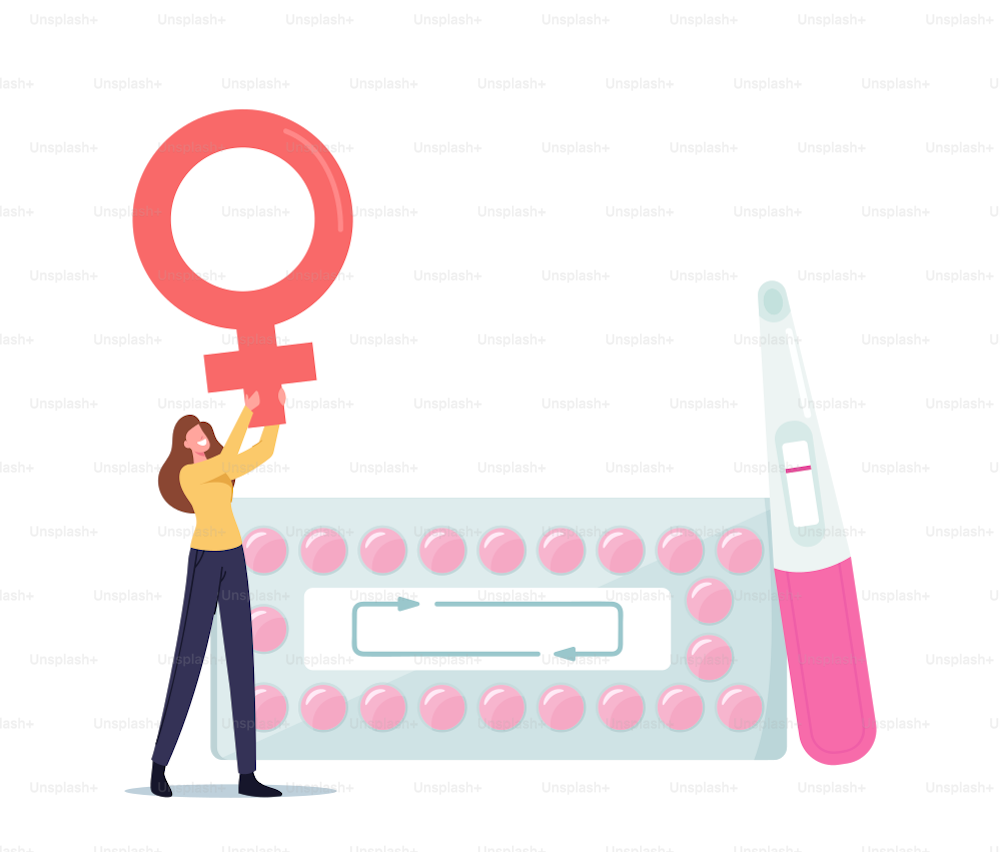 Fertility and Pregnancy Control, Contraception. Tiny Female Character Hold Huge Venus Symbol near Blister with Pink Pills and Test with One Stripe, Oral Contraceptives. Cartoon Vector Illustration