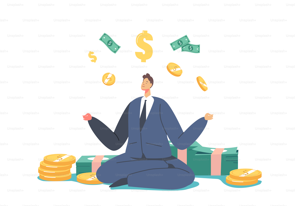 Wealth or Prosperity Concept. Rich Male Character Meditate near Piles of Golden Coins and Bills. Successful Businessman Millionaire or Multimillionaire Enjoying with Money. Cartoon Vector Illustration