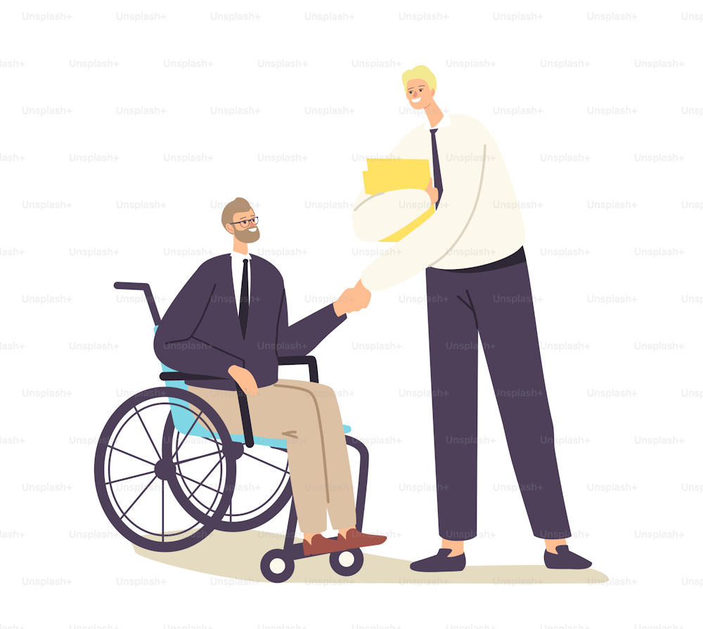 휠체어를 탄 장애인 사업가 캐릭터가 비즈니스 파트너 또는 상사와 악수하고 있다. 비즈니스 동료와의 장애인 관리자 대화, 고용, 회의. 만화 사람들 벡터 일러스트레이션