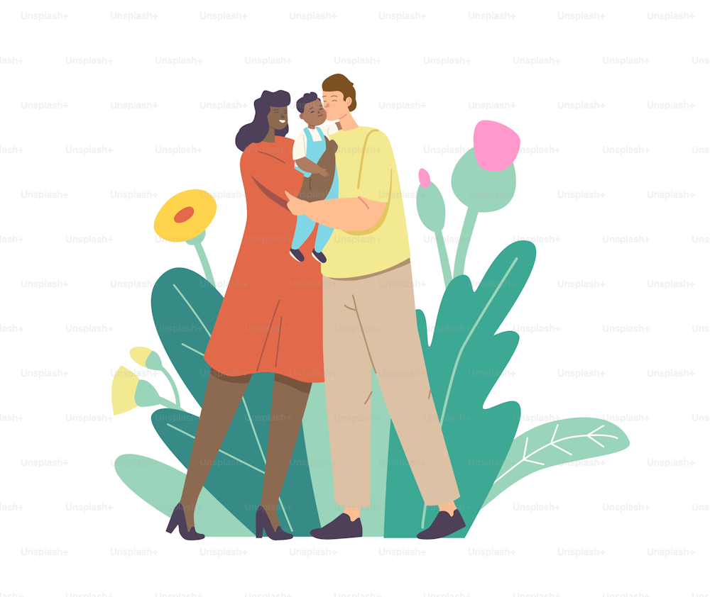 Multiracial Loving Parents Kiss Baby. Mother and Father Caucasian and African Ethnicity Family Characters Holding Child on Hands Hugging and Kissing Expressing Love. Cartoon People Vector Illustration